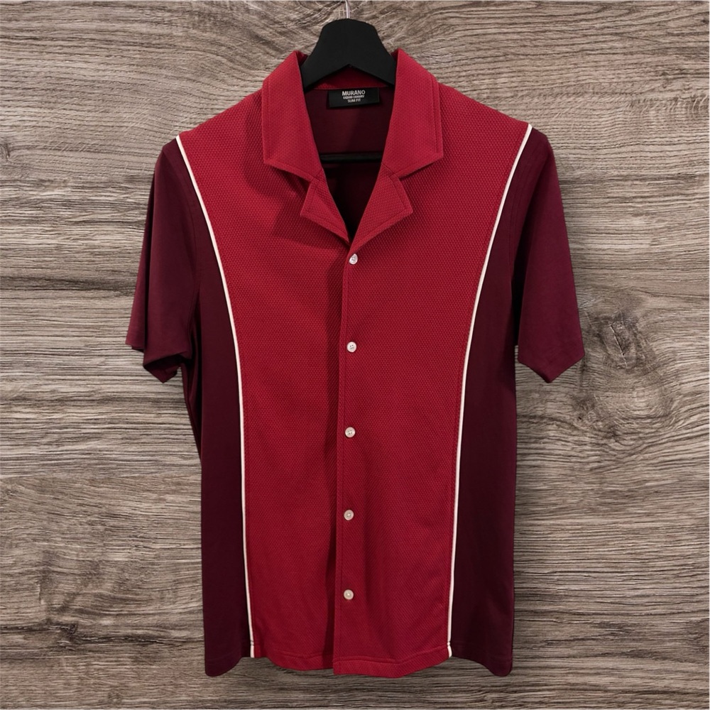 Murano Liquid Luxury Slim Fit Textured Coatfront Short Sleeve Woven Camp Shirt